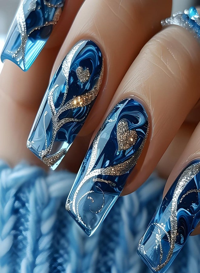 CJDLTS Glitter Powder Love Heart Press on Nails Long Square Gold Glitter Stripes Design Blue Gradient Acrylic Fake Nail Full Cover Glossy Artificial Fingernails DIY Reusable Glue on Nails for Women 24Pcs - Image 1